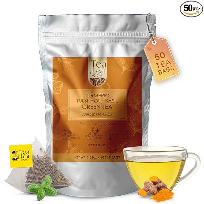 Turmeric Tulsi Tea Bags (50 Count), Green Tea with Turmeric & Peppermint, Stress Relieving, Low Caffeine Gluten Free, Whole Loose-Leaf Pyramid Tea Bags - Bloomnest