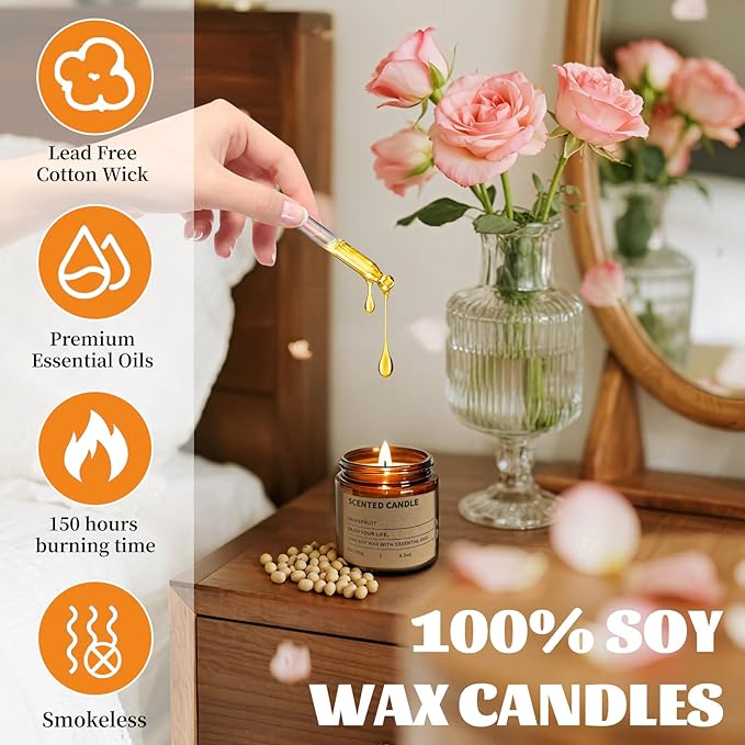 6 Pack Scented Candles Gifts for Women,3.5 Oz Amber Candles Set, 150 Hours Long Burning Soy Wax Candles Jar Aromatherapy Candles for Stress Relief, Birthdays, Weddings, Christmas Gifts, Yoga, Bath - Bloomnest