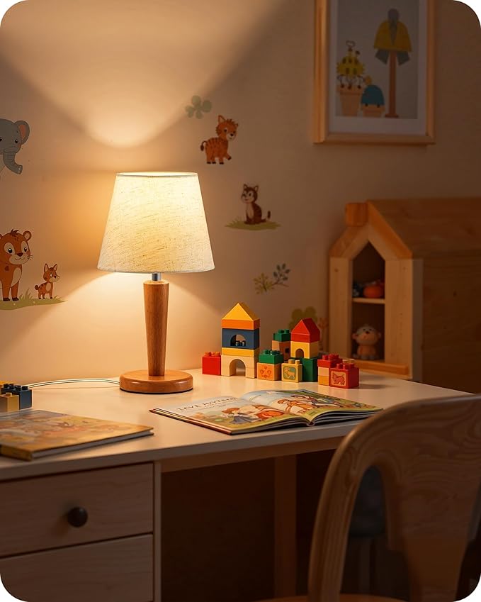 12”Wood Bedside Table Lamps Set of 2, Small Desk Lamps for Small Places, 3 Color Temperatures with Memory,Beige Linen Shade & E26 Bulbs, for Bedroom Living Room Office LE13TLP205 - Bloomnest