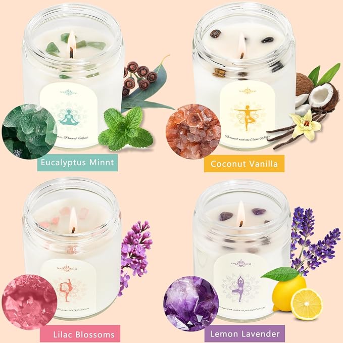 4 Pack Candles for Home Scented, Scented Candle Set with Crystals Stones, Aromatherapy Candles Birthday Gifts Set for Women, 24 Oz 200 Hour Long Lasting Soy Candles Gifts for Mothers Days - Bloomnest