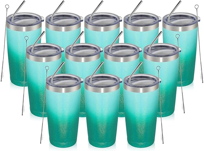 MEWAY 20oz Tumbler 12 Pack Double Wall Vacuum Insulated Travel Glitter Mug Bulk, Stainless Steel Tumblers with Lid and Straw, Powder Coated Coffee Cups for Woman(Gradient Green,Set of 12) - Bloomnest