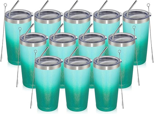 MEWAY 20oz Tumbler 12 Pack Double Wall Vacuum Insulated Travel Glitter Mug Bulk, Stainless Steel Tumblers with Lid and Straw, Powder Coated Coffee Cups for Woman(Gradient Green,Set of 12) - Bloomnest
