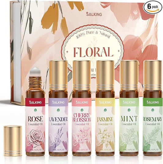SALKING Essential Oils Roll On Set with Dried Flowers(6 Pack), Aromatherapy Oil with Roller Ball for Skin Use, Natural Fragrance Gift - Rose, Lavender, Cherry Blossom, Jasmine, Mint, Rosemary - Bloomnest