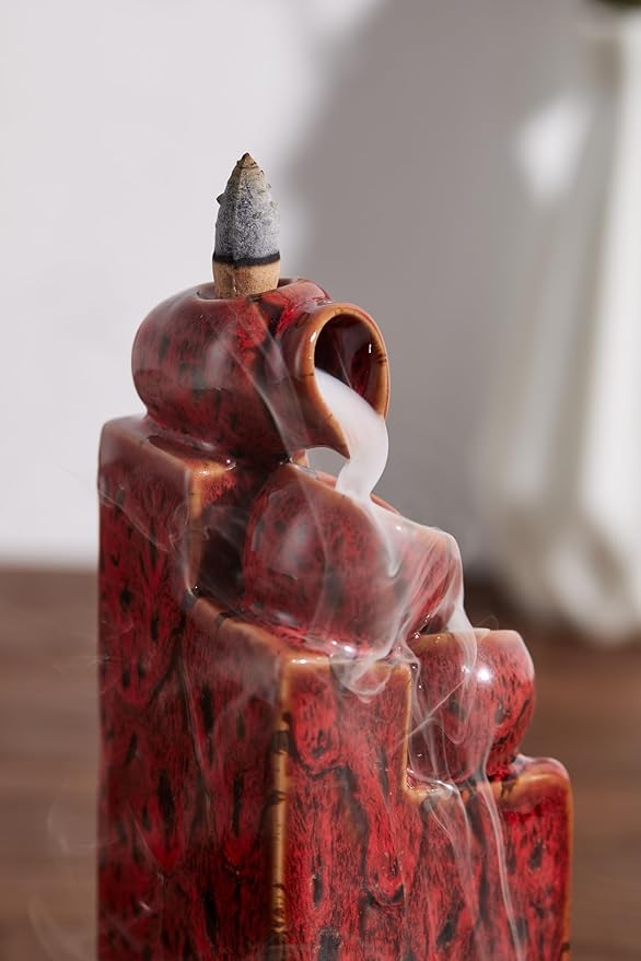 Unique Cascading Basins Ceramic Waterfall Incense Holder, Paired with a Pack of Backflow Incense Cones. (Fambe Red) - Bloomnest