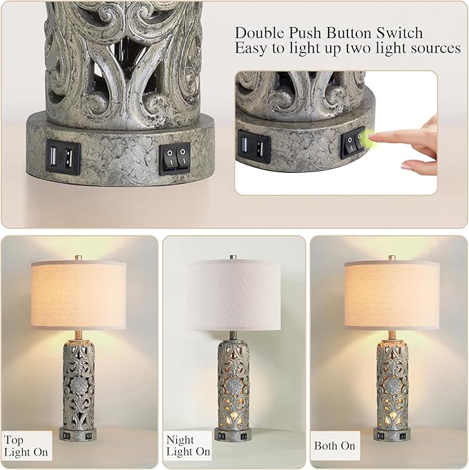 25'' Set of 2 Industrial Table Lamps for Living Room with Dual USB Ports, Vintage Resin Nightstand Lamp for Bedroom with Nightlight, Antique Rustic Desk Lamp for Entryway, 2 Bulbs Included - Bloomnest