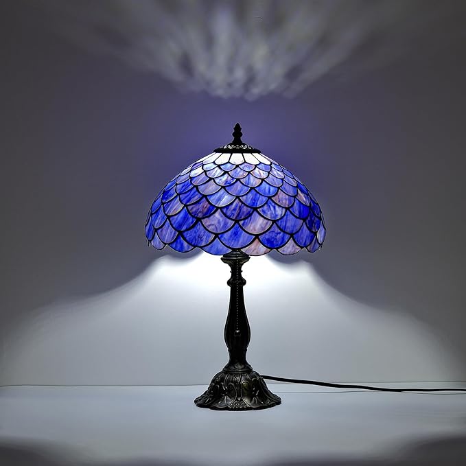 Tiffany Style Table Lamp Vintage Stained Glass Desk Lamp Deep Blue Purple Fish Scales Bedside Reading Light Decor Bedroom Living Room Home Office D12 xH18 - Bloomnest