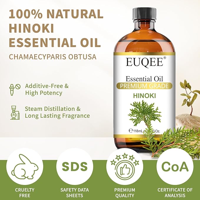 EUQEE Hinoki Essential Oil 118ml/4Fl Oz Pure Japanese Cypress Wood Oil Premium Natural Wood Scent Aromatherapy Oil with Glass Dropper for Meditation, Skincare, Diffuser, DIY Soap, Home Spa EUQEE