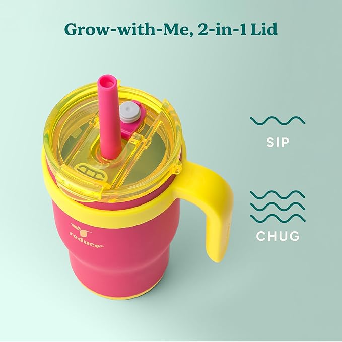 REDUCE 14 Oz Coldee Kids Tumbler with Lid and Straw - Coldee Insulated Travel Mug - Spill-Proof, Sweatproof Stainless Steel, BPA-Free - Includes Handle, Reusable Silicone Straw - Pink Lemonade - Bloomnest