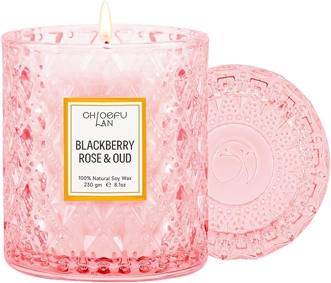 Chloefu LAN Rose Scented Candle, Oud Candle, Mothers Day Candles Gifts for Women, Pink Candles for Home Scented, 55 Hours Long Burning, 100% Natural Soy Wax - Bloomnest