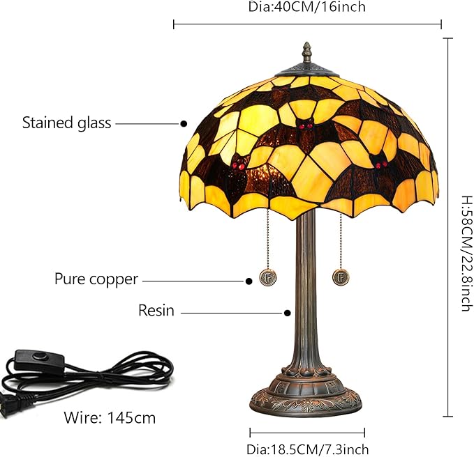 Tiffany Table Lamp Black Bat Design Stained Glass Lamp 16 inch Handmade Large Desk Light Antique Beside Reading Lamp for Home Living Room Bedroom Office - Bloomnest