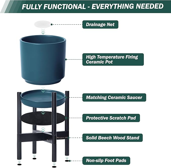 D'vine Dev Ceramic Planter with Ebony Stand - 12 Inch Modern Round Flower Pot with Wood Planter Holder, Teal, 55-B-H-4 - Bloomnest