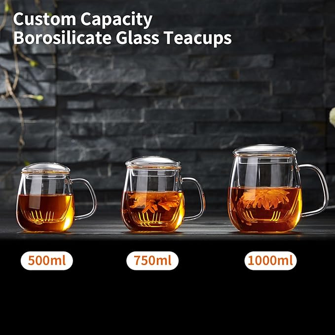 OEM Custom Personalized Gifts Glass Tea Cup with Infuser and Lid,Customized Large Borosilicate Teacup, Clear Mug for Loose Leaf Blooming Tea Maker Gift for Friend, Family - Bloomnest