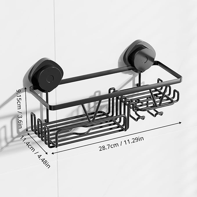 KEGII Shower Caddy Suction Cup with Soap Holder and Hooks, Removable Suction Bathroom Organizer Shelf, No Drilling Shower Organizer, Stainless Steel Shampoo Holder for Bathroom Storage, Black - Bloomnest