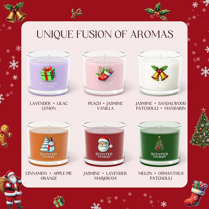 Christmas Candles, Scented Candles Gift Set for Stress Relief, 6 Votive Candles for Women and Men, Christmas Candle Gifts for Women (6 Colors, 14 oz) - Bloomnest