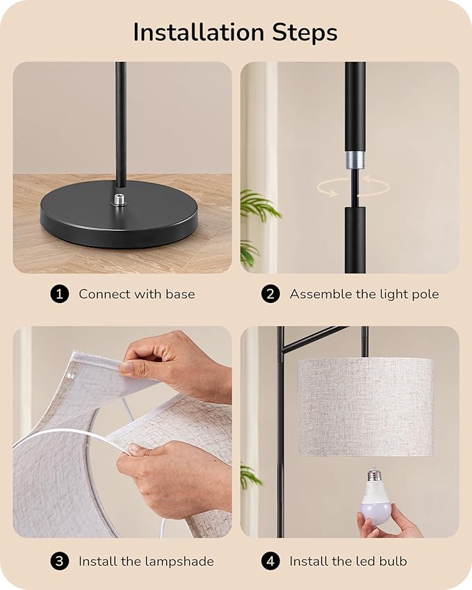 EDISHINE Modern Floor Lamps for Living Room, 64.7" Minimalist Standing Lamp with 3 Color Temperatures Bulb & Adjustable Linen Shade, Foot Pedal Switch, Arc Tall Lamp for Bedroom Office, Black - Bloomnest