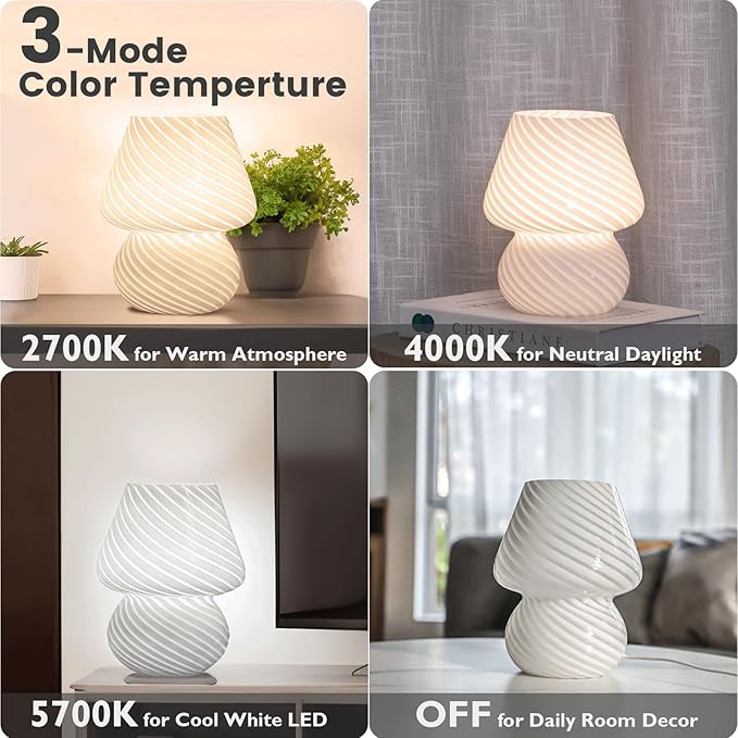 USB Plug-in Mushroom Lamp Small Bedside Table Lamp with 3 Temperature LED Bulb,Free Dimming Nights Light for Bedroom/Living Room/Entryway/Corner Decor (Stripe White) - Bloomnest