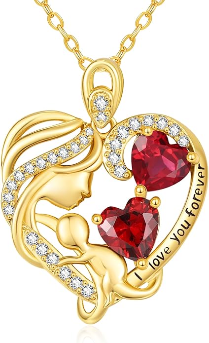 14K Gold Double Birthstone Heart Necklace for Women Mom, Mother Son/Daughter Pendant Necklace for Christmas Mother's Day Birthday Gifts for Wife Daughter Grandmom - Bloomnest
