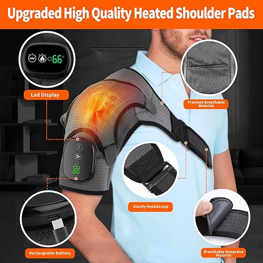 Cordless Heated Shoulder Brace Wrap, Heating Pad with Massage, 3 Heat & Vibration, 5000mAh Battery Powered, Shoulder Massager for Men Women - Bloomnest