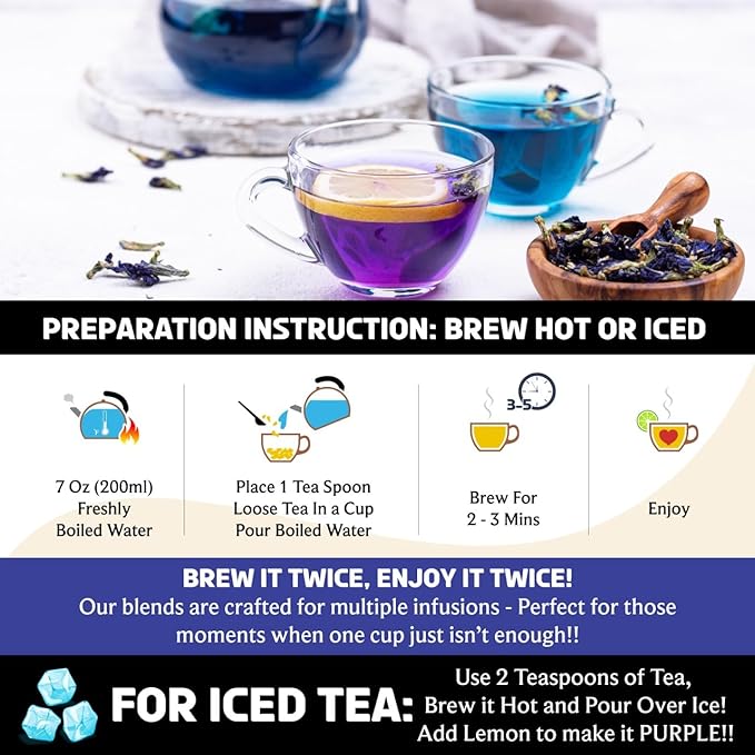 BREWIX, Butterfly Pea Flower Herbal Tea Loose Leaf (40+ Cups,1.41oz/40g) | Caffeine Free | Premium Dried Butterfly Pea Flowers For Blue & Purple Drinks, Food Coloring - Bloomnest