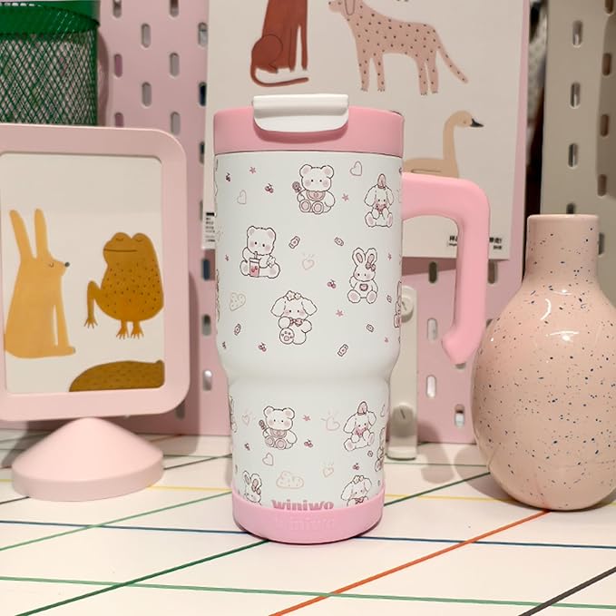 22 oz Tumbler with Handle for Kids, Easy to Hold, Spill-proof, Insulated Cups with Sip/Swig 2-in-1 Lid, Fit Most Car Cup Holders,School, Home,travel,Pink Rabbit - Bloomnest