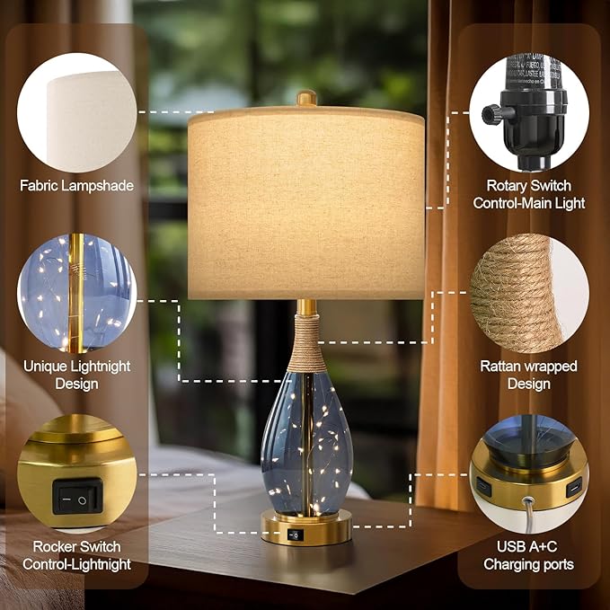 OYEARS 23" Table Lamps for Living Room Set of 2 Bedside Lamps for Night Stands Bedroom Lamps Farmhouse Rattan Boho Lamp Glass Nightlight End Table Lamp with USB C+A (Blue),Two Light Points - Bloomnest
