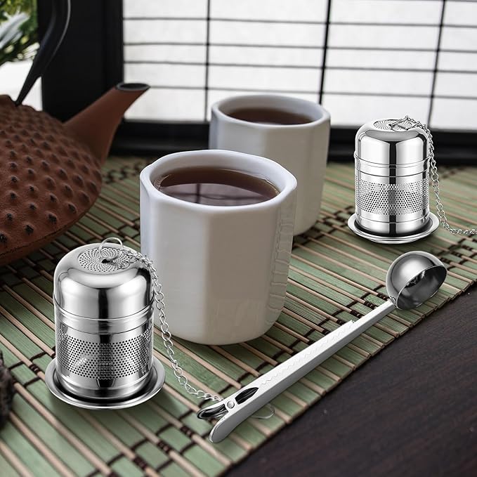 Umigy 4 Pcs Tea Infuser Strainers for Loose Tea with Scoop, Extra Fine Mesh Steeper 304 Stainless Steel Diffuser Leaf Holder with Extended Chain Hook for Brew, Spices, Seasoning (Stylish Style) - Bloomnest