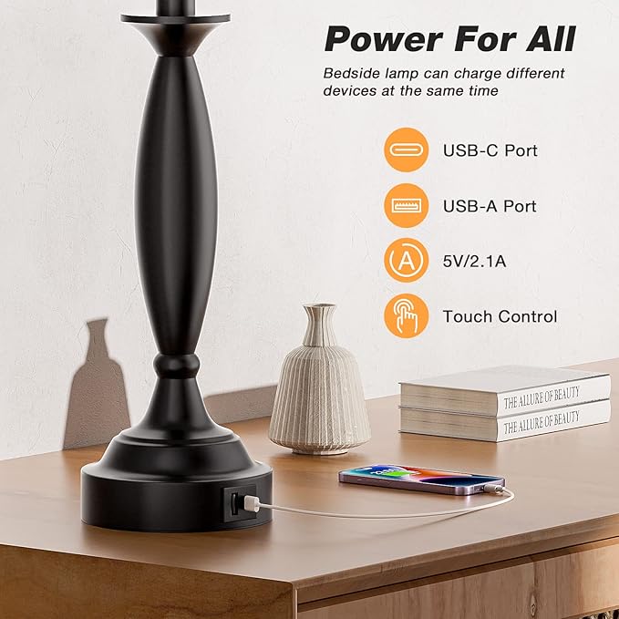 Grey Lamps for Bedrooms Set of 2 - Touch Control Bedside Lamp with USB C+A, 3 Way Dimmable Nightstand Lamps with USB Port, Table Lamp for Living Room(Grey Shade and Black Base) - Bloomnest