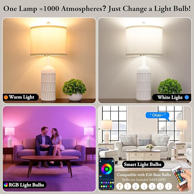 22.5" White Modern Table Lamps Set of 2 for Living Room Bedroom, Farmhouse Vintage Bedside Table Lamps with White Linen Shade, Rustic Bedroom Table Lamp for Nightstand Home Office End Table Dorm - Bloomnest