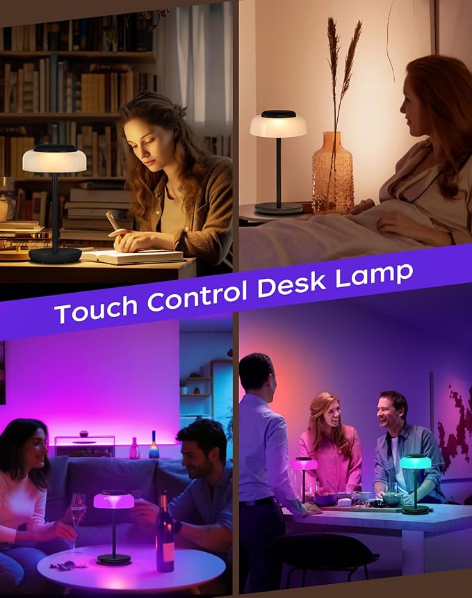 QiMH Battery Operated LED Table Lamp for Living Room, 5000mAh Cordless Desk Lamp with Stepless Dimmable Touch Control, Mini Rechargeable Night Light for Bedroom, Outdoor bar (Black-RGB) - Bloomnest