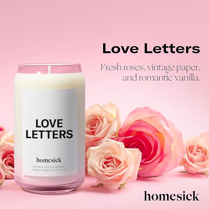 Homesick Scented Candles for Home (Love Letters) - 13.75 oz Natural Long-Lasting Soy Wax Blend Jar Candle Gifts for Women & Men, 60-80 Hours Burn Time - Notes of Rose, Jasmine & Peony - Bloomnest