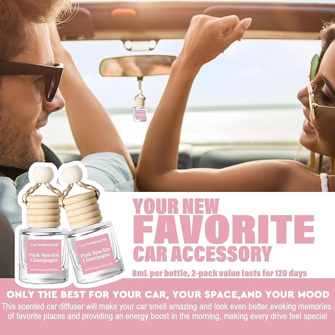 C Classy Car Air Freshener Hanging 2 Pack, Pink Sparkle Champagne Essential Oil Diffuser for Cars, Cute Car Accessories, Long-Lasting Fragrance, C ar Air Fresheners for Women & Men Gift, Made in USA - Bloomnest