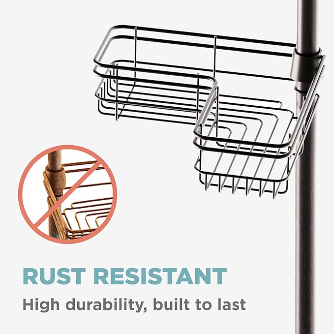 Zenna Home Tension Pole Shower Caddy Corner Organizer, Adjustable Standing Shower Caddy with 4 L-shaped Baskets and Hooks, Rust Resistant Bathroom Tension Rod Organizer, 60 to 97 Inch, Bronze - Bloomnest