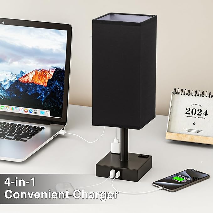 Touch Bedside Table Lamp for Nightstand - 3-Way Dimmable Night Lamp with USB A + Type C Charging Ports and Two AC Outlets, Small Desk Light with E26 LED Bulb for Bedroom Living Room Dorm Office,Black - Bloomnest