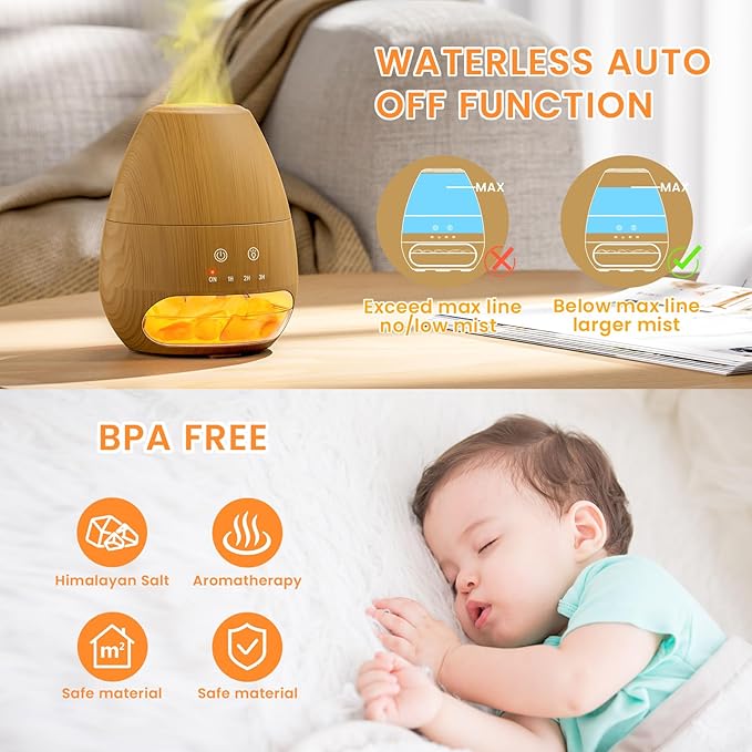 Ultrasonic Essential Oil Diffuser with Himalayan Salt Rock,Flame Diffuser with 7 LED Light,100ML Small Aromatherapy Oil Diffuser with Auto Off Function for Home, Office,Spa,Wooden Grain - Bloomnest