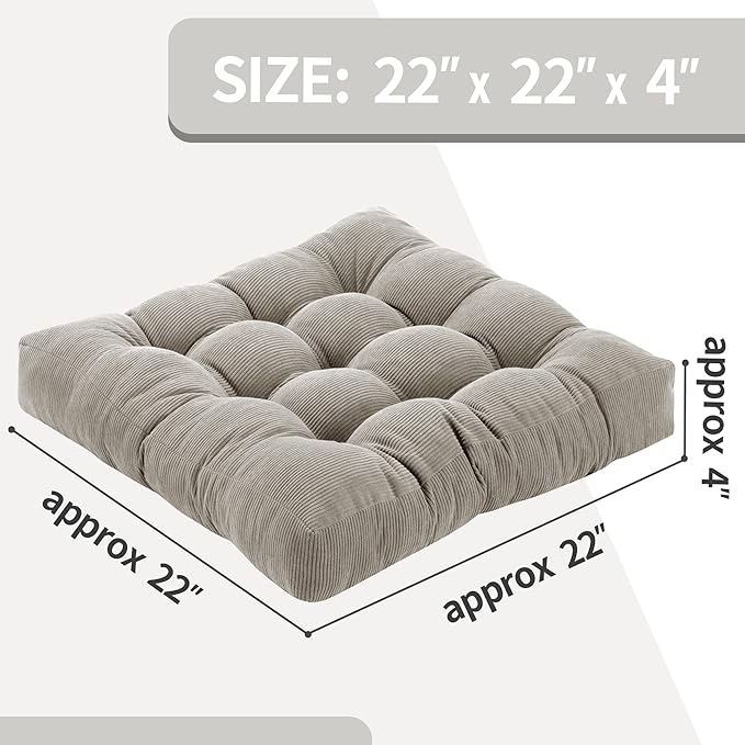Floor Pillow Cushions for Adults Sitting Large Big Pillows for Floor Seating Square Memory Foam Thick Tufted, 22 x 22 Inch, Set of 2, Light Grey - Bloomnest