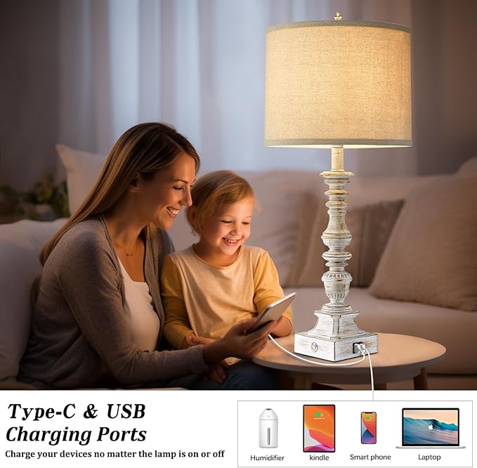 Farmhouse Table Lamps for Bedroom Set of 2 Vintage 3-Way Dimmable Touch Control Nightstand Lamps, Bedside Lamps for Living Room, Traditional Nightstand Lamp End Table lamps 28.5" (Bulbs Included) - Bloomnest
