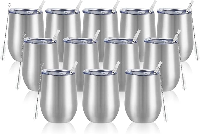 12 Pack Stainless Steel Wine Tumblers, 12Oz Double Wall Vacuum Insulated Wine Tumblers with Lids and Straws, Stainless Steel Stemless Wine Glasses for Coffee, Wine, Cocktails, Champaign, Silver - Bloomnest