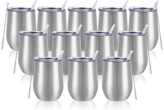 12 Pack Stainless Steel Wine Tumblers, 12Oz Double Wall Vacuum Insulated Wine Tumblers with Lids and Straws, Stainless Steel Stemless Wine Glasses for Coffee, Wine, Cocktails, Champaign, Silver - Bloomnest