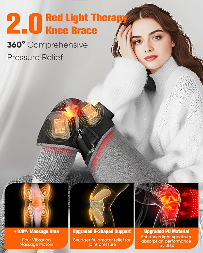 3D Red Light Therapy Knee Brace - FSA Eligible HSA Cordless 5000mAh Knee Massager with 4 Vibration Areas, 660nm&850nm, Near Infrared Light Heated Device for Knee Elbow Shoulder Pain - Bloomnest