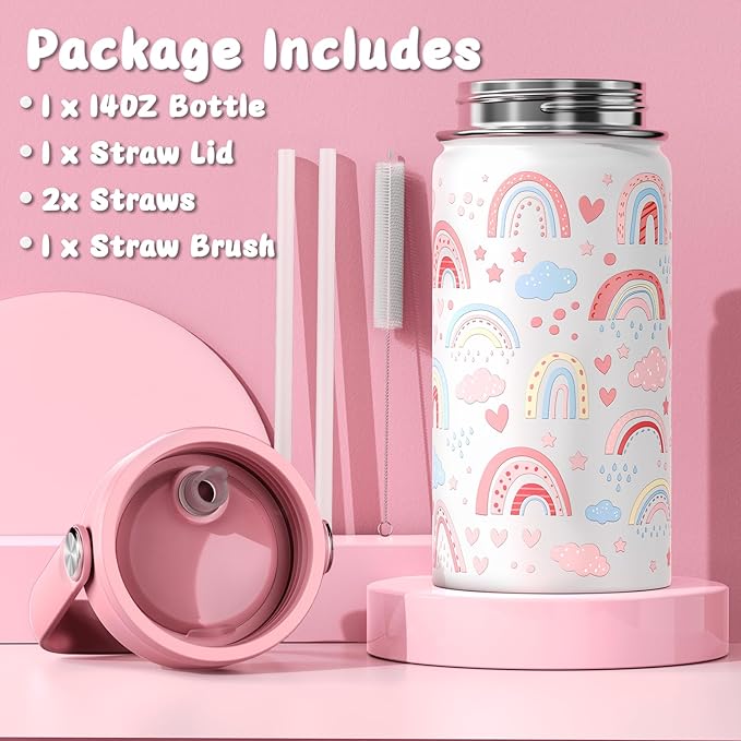 14oz Kids Insulated Water Bottle with Straw Lid - 18/8 Stainless Steel Kid Cup Travel Tumbler Double Wall Vacuum Leak Proof Portable Toddler Water Bottle (Rainbow) - Bloomnest