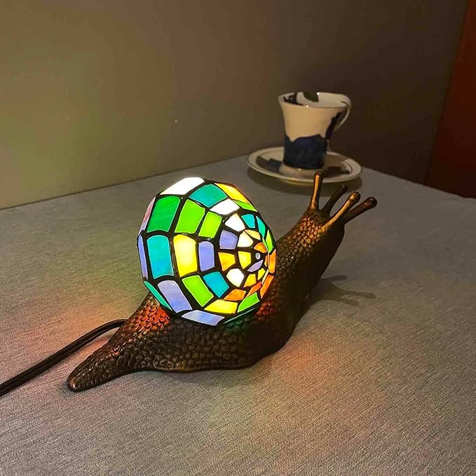 Bieye L13003 Land Snail Tiffany Style Stained Glass Accent Table Lamp for Home Decoration (Multicolor, 10" D x 5" W x 5" H) - Bloomnest