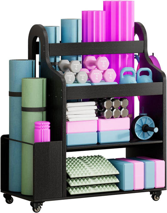 Weight Rack for Dumbbells, Home Gym Organizer Rack Yoga Mat Holder with Wheels and Hooks, All in One Workout Storage for Yoga Mat, Foam Roller, Gym Storage Storage for Home Exercise(Wood)