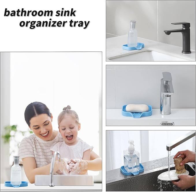 Silicone Bathroom Soap Dishes with Drain Spout-Bathroom and Kitchen Sink Organizer,Sponge Holder,Dish Soap Tray,Perfect for Dispenser,Scrubber,Bottle on Sink or Counter-Light Blue 4.9"×3.2" - Bloomnest