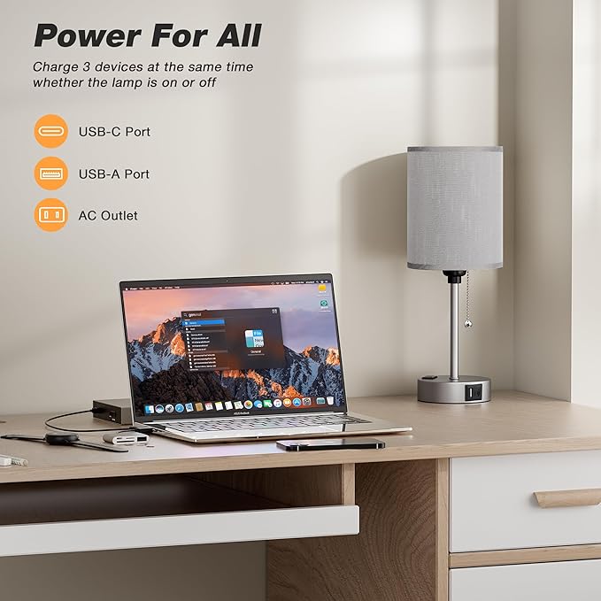 Small Bedside Table lamp for Bedroom - 3 Color Temperatures Bedside Lamps with USB Ports for Housewarming, Pull Chain Table Lamps with AC Outlet, Nightstand Lamps for Kids Reading - Bloomnest