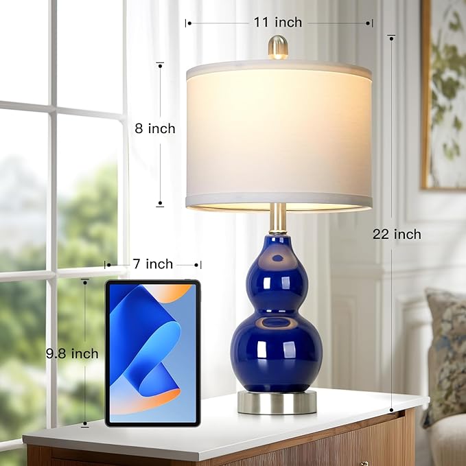 22" Double Gourd Ceramic Table Lamps Set of 2, Navy Blue Modern Bedside Lamps for Living Room, Contemporary Nightstand Desk Lamps for Bedroom End Table Home Office Decor(2 LED Bulbs Included) - Bloomnest