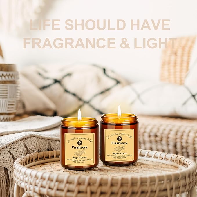 Sage & Citrus Scented Candle Set 2 Pack – Natural Soy Wax Hand-Poured – 60 Hour Long Lasting Burn – Relax and Relieve Stress – Premium Aromatherapy Candle for Home Decor, Gifts - Bloomnest