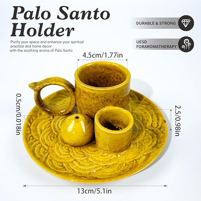 5.1-Inch 5-in-1 Yellow Ceramic Incense Holder - Fits Palo Santo, Sage, Incense Sticks/Cones, Small Candle, Smudge Burning Tray.Zen Altar for Meditation/Yoga, Aromatic Scents, Matches Friendly - Bloomnest