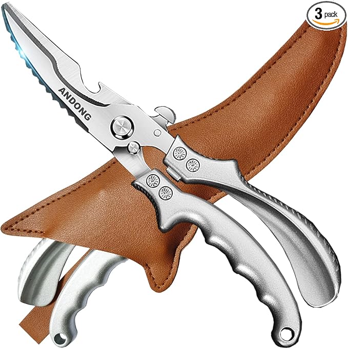 ANDONG Heavy Duty Professional Poultry Shears -Stainless Steel Kitchen & Meat Scissors with Leather Sheath, Dishwasher Safe Spring Loaded Utility Shears for Cooking, Butchering, Cutting - Bloomnest