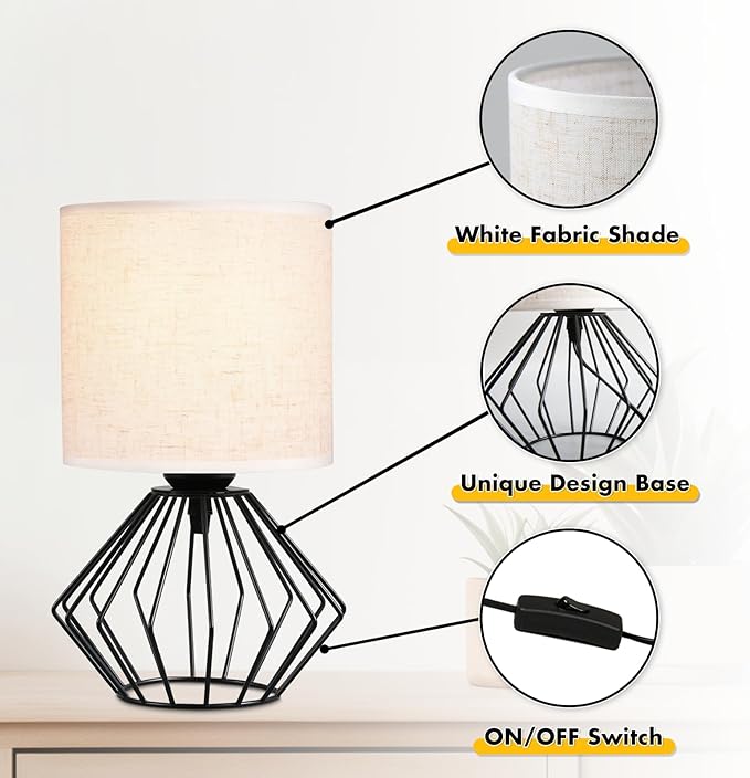 Hamilyeah Bedside Lamps Set of 2, Black Table Lamps with Beige Linen Fabric Shade, Industrial Lamps for Night Stands with On/Off Switch, Modern Simple Desk Lamps for Bedroom, Living Room - Bloomnest