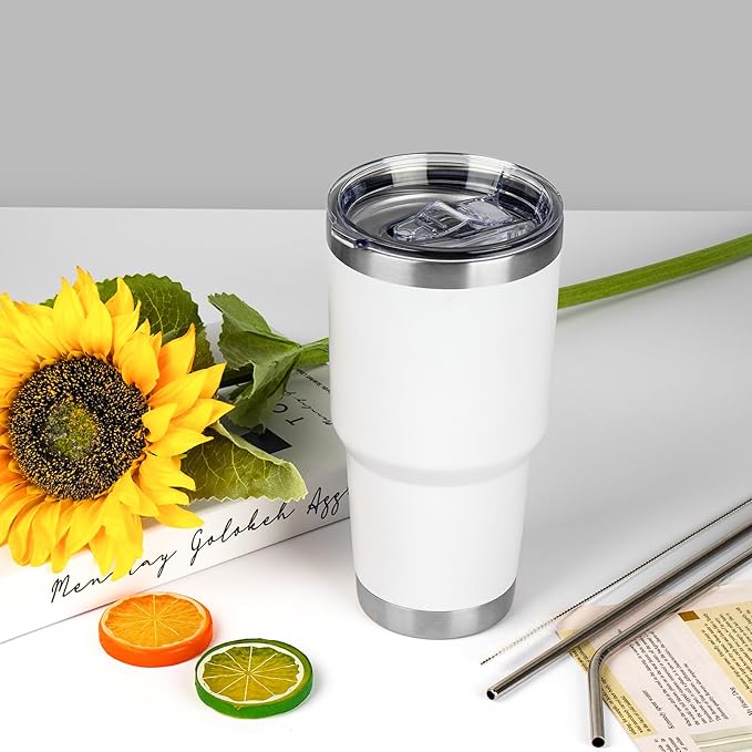 30 oz Tumbler with Lids and Straws Double Wall Insulated Tumbler Cup,Stainless Steel Leak-proof Thermal Coffee Tumbler Powder Coated Travel Mug for Cold and Hot Beverages,White - Bloomnest